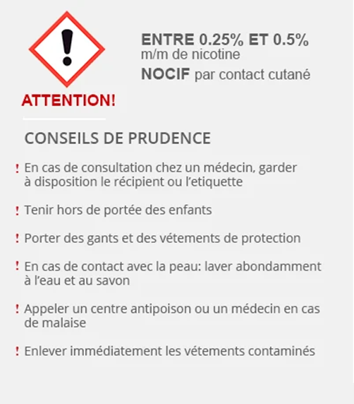 Pictogramme attention : nocif par contact cutané entre 0,25% et 0,5% nicotine