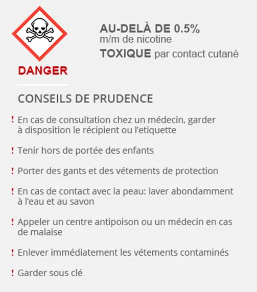 Pictogramme danger : toxique par contact cutané au-delà de 0,5% nicotine